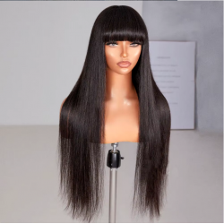 16 & 20-Inch Brazilian Straight Human Hair Wig with Bangs - 100% Remy Natural Black