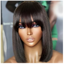 12-Inch Black Straight Indian Human Hair Bob Wig with Bangs - 180% Density, Remy