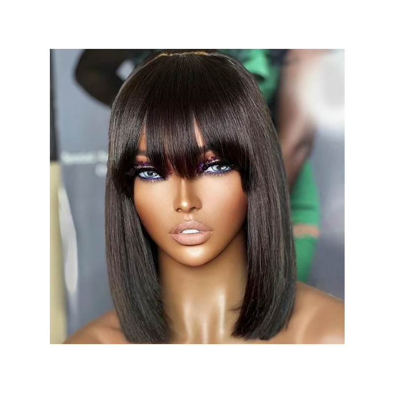 12-Inch Black Straight Indian Human Hair Bob Wig with Bangs - 180% Density, Remy