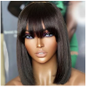 12-Inch Black Straight Indian Human Hair Bob Wig with Bangs - 180% Density, Remy