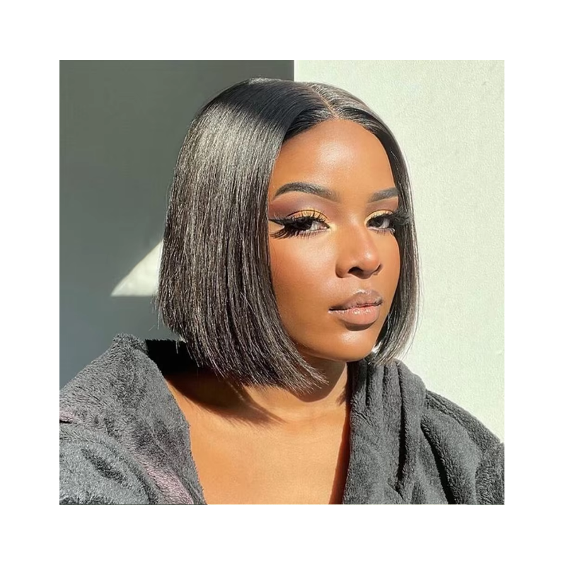 8-Inch Short Straight Brazilian Remy Bob Lace Wig - Glueless Middle Part Pixie Wig