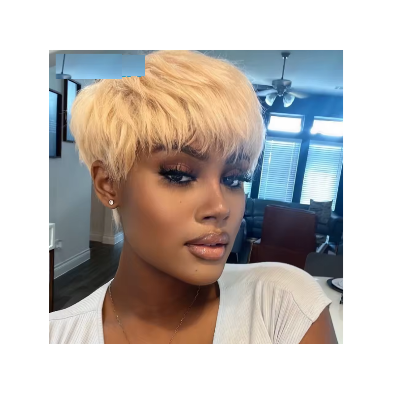 8-Inch Blonde Pixie Cut Straight Bob Wig with Bangs - Brazilian Remy Human Hair