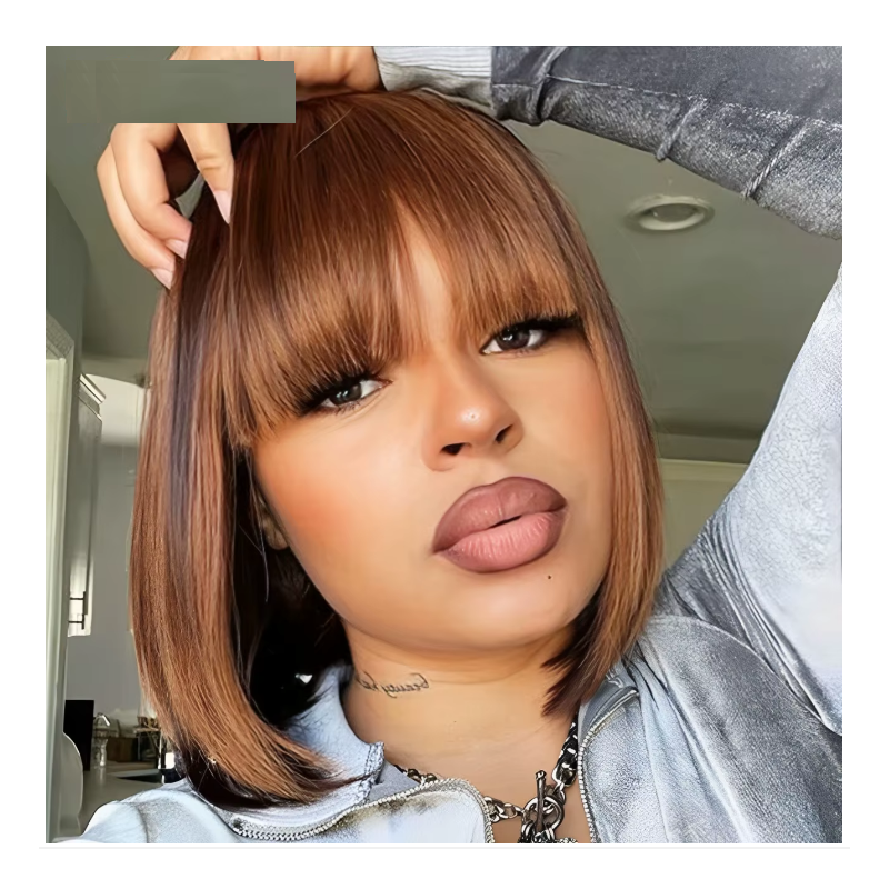 10-Inch Ombre Brown Straight Bob Wig with Bangs - Brazilian Remy Human Hair