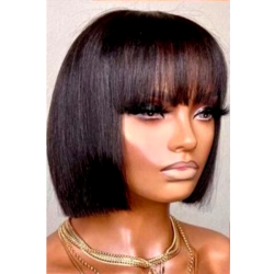 10-Inch Black Straight Bob Wig with Bangs - Brazilian Remy Human Hair