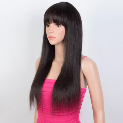 18-Inch Black Bone Straight Wig with Curtain Bangs - Brazilian Remy Human Hair