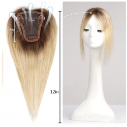 12-Inch Blonde Brown Silk Base Straight Hair Topper - 100% Remy Human Hair Clip-In, 150% Density