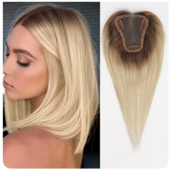 12-Inch Blonde Brown Silk Base Straight Hair Topper - 100% Remy Human Hair Clip-In, 150% Density