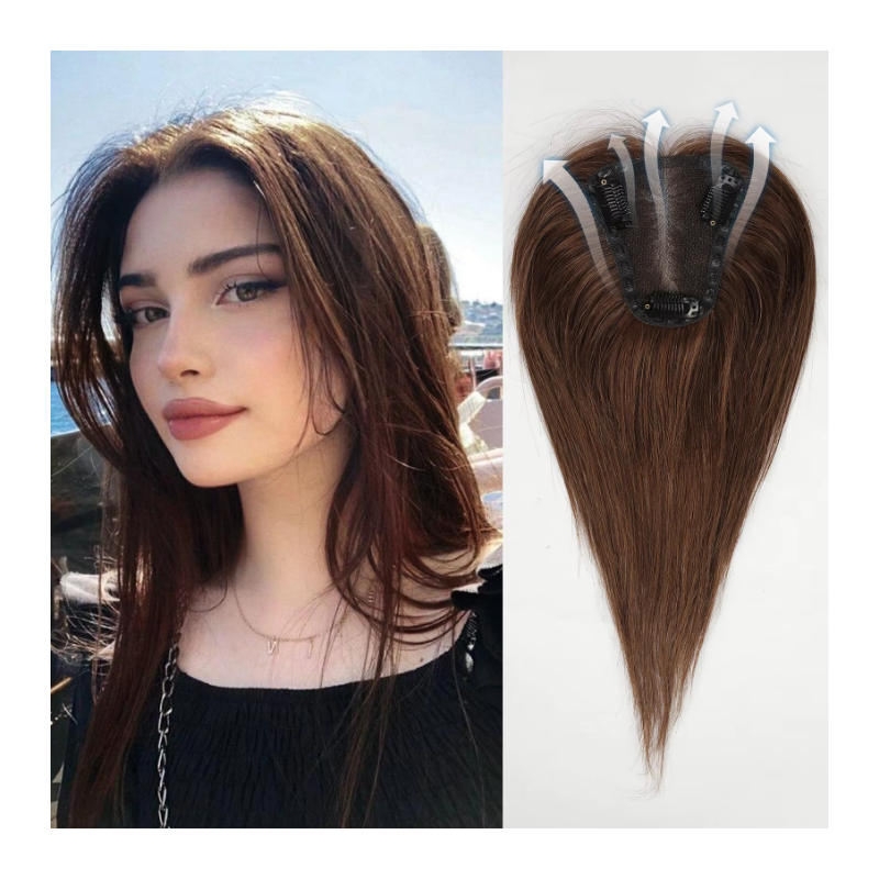 12-Inch Brown Silk Base Straight Hair Topper - 100% Remy Human Hair Clip-In, 150% Density