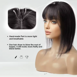 Natural Black Ombre Silk Base Hair Topper with Bangs - 100% Remy Human Hair