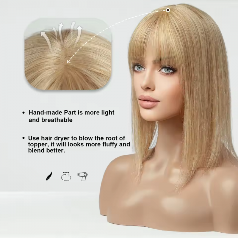 Honey Blonde Silk Base Hair Topper with Bangs - 100% Remy Human Hair